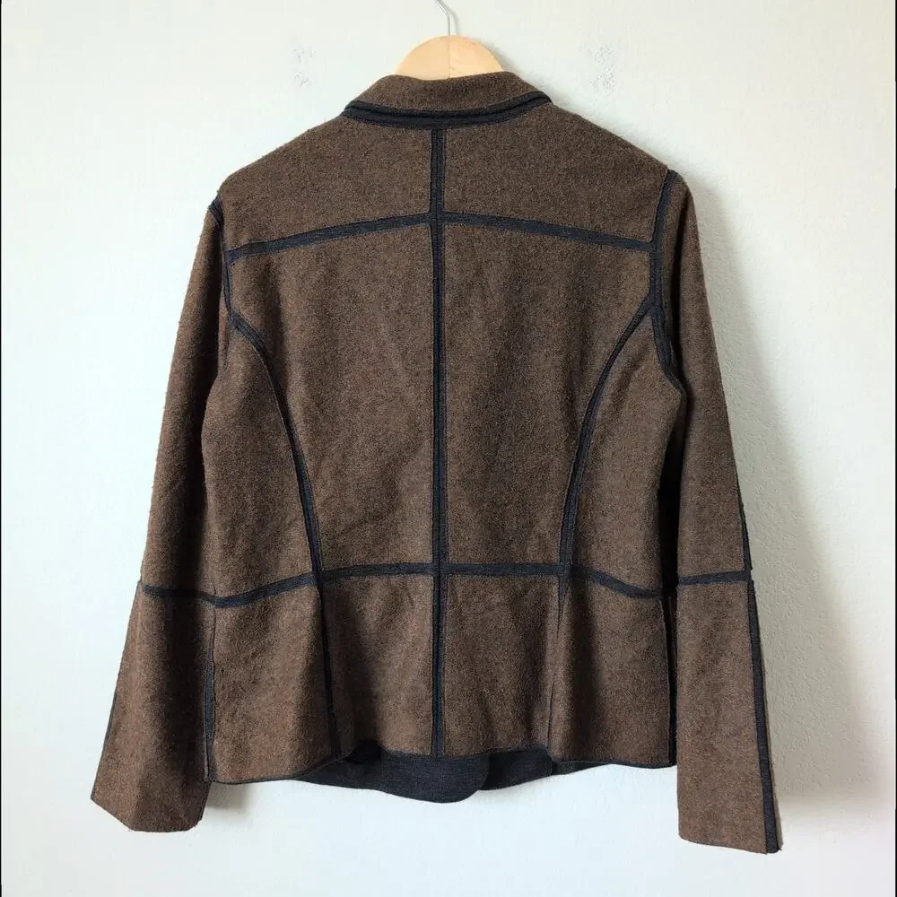 Betty Barclay Blazer Jacket Size 14 Womens Brown Contrast Trim Wool Blend Career
